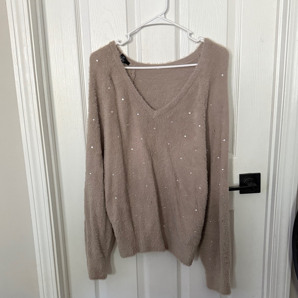 Express Taupe V-Neck Sweater with Embellishments